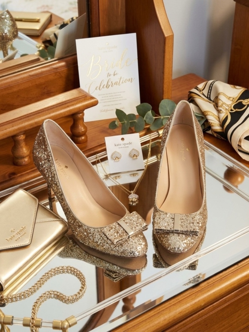 Kate Spade Krysta Bow Pumps in Glitter Gold